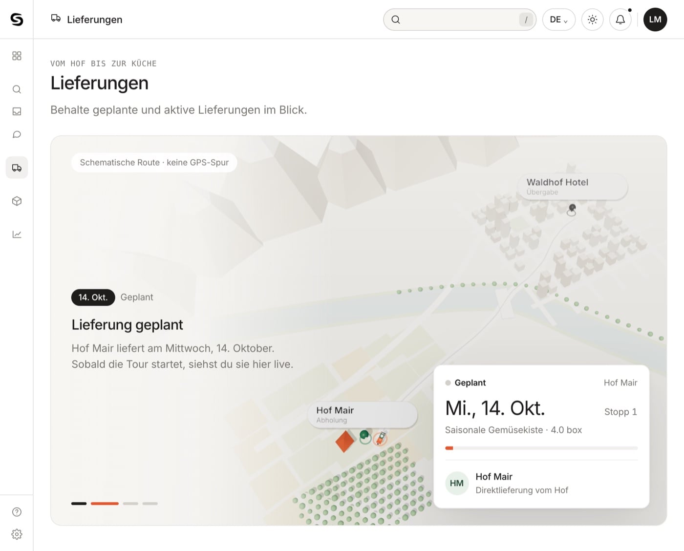 Geplante Lieferung von Hof Mair auf der Karte mit Status und Liefertag